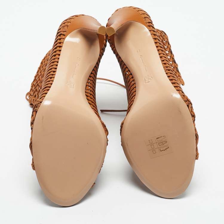 Pre Owned Gianvito Rossi Brown Woven Leather Marnie Lace Up Peep Toe Ankle Boots Size 39