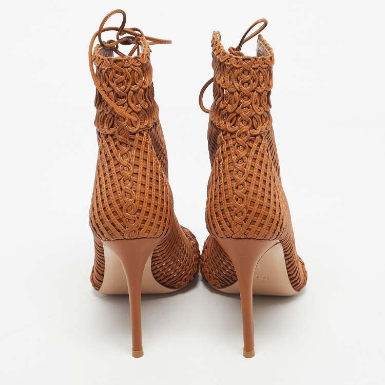 Pre Owned Gianvito Rossi Brown Woven Leather Marnie Lace Up Peep Toe Ankle Boots Size 39