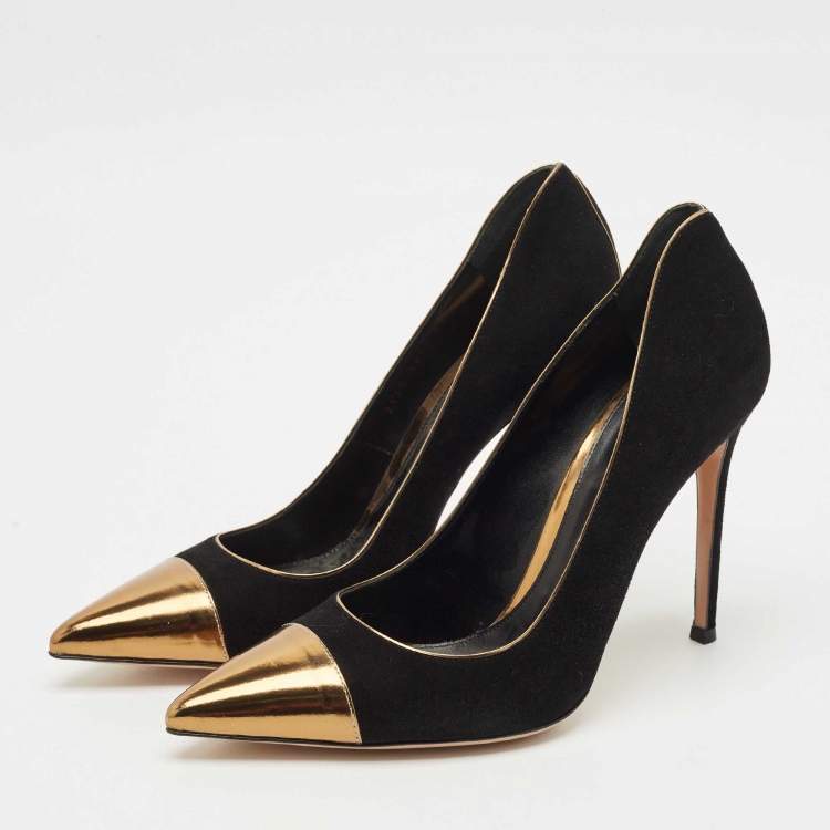 Pre Owned Gianvito Rossi Black/Gold Leather and Suede Pointed Toe Pumps Size 40.5