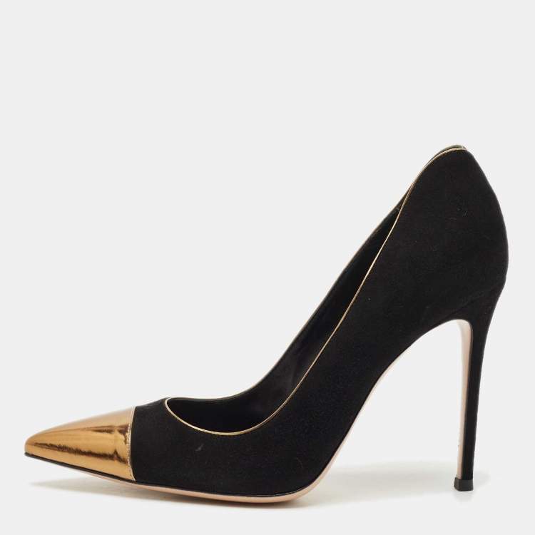 Pre Owned Gianvito Rossi Black/Gold Leather and Suede Pointed Toe Pumps Size 40.5