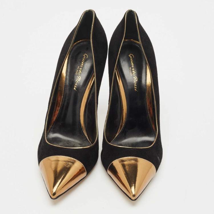 Pre Owned Gianvito Rossi Black/Gold Leather and Suede Pointed Toe Pumps Size 40.5