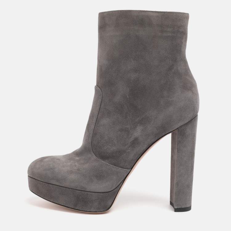 Pre Owned Gianvito Rossi Grey Suede Platform Mid Calf Boots Size 38.5