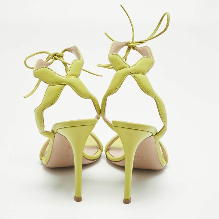 Pre Owned Gianvito Rossi Green Leather Wavy Ankle Tie Sandals Size 37