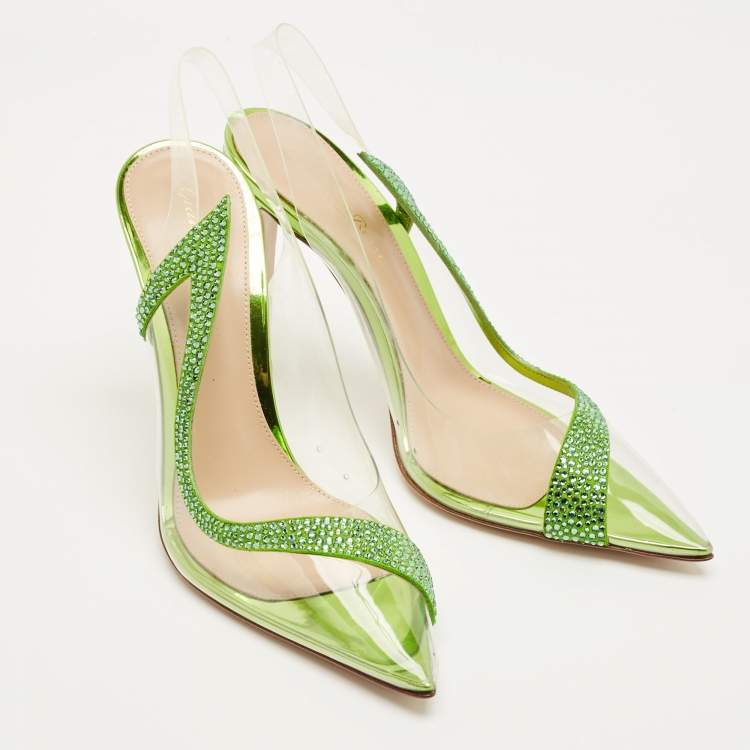 Pre Owned Gianvito Rossi Transparent/Green PVC and Suede Embellished Hortensia Pumps Size 38