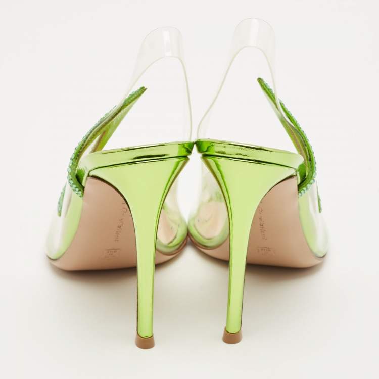 Pre Owned Gianvito Rossi Transparent/Green PVC and Suede Embellished Hortensia Pumps Size 38