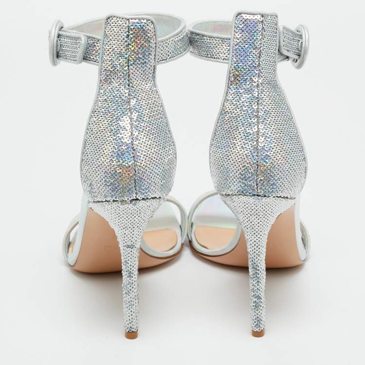 Pre Owned Gianvito Rossi Silver Sequins Portofino Ankle Strap Sandals Size 41.5