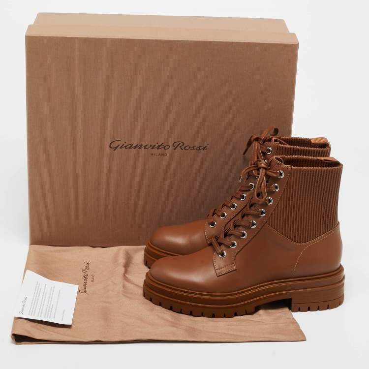 Pre Owned Gianvito Rossi Brown Leather Martis Combat Boots Size 36.5