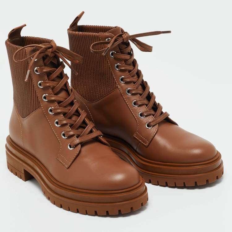 Pre Owned Gianvito Rossi Brown Leather Martis Combat Boots Size 36.5