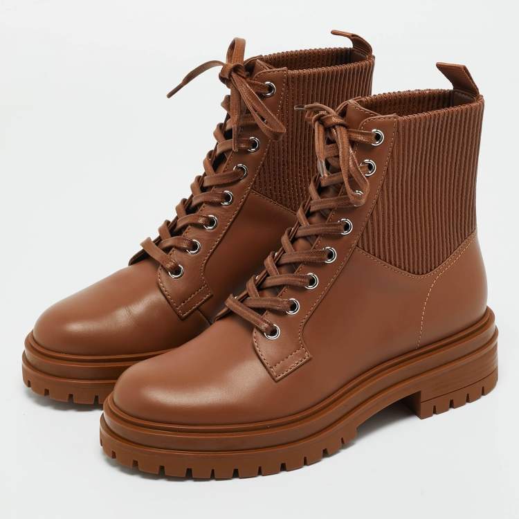 Pre Owned Gianvito Rossi Brown Leather Martis Combat Boots Size 36.5