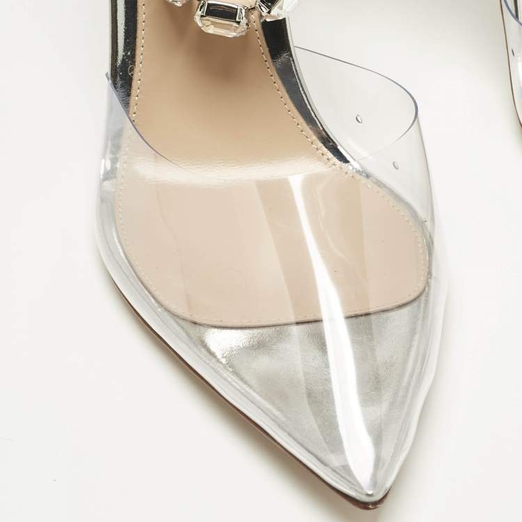 Pre Owned Gianvito Rossi Transparent PVC Crystal Embellished Ankle Strap Pumps Size 38.5