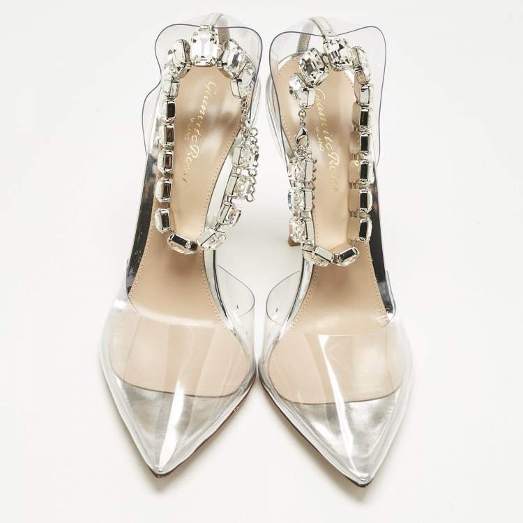 Pre Owned Gianvito Rossi Transparent PVC Crystal Embellished Ankle Strap Pumps Size 38.5