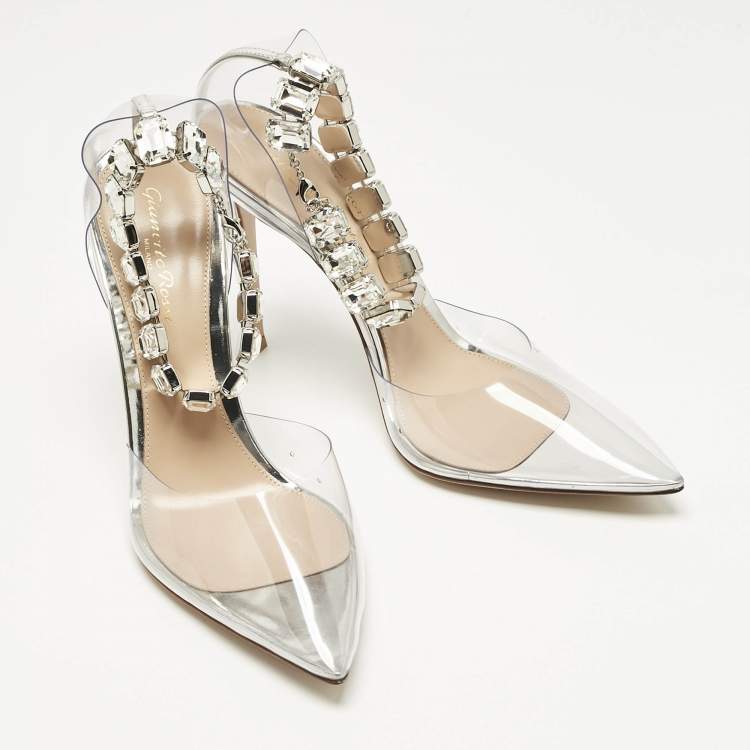 Pre Owned Gianvito Rossi Transparent PVC Crystal Embellished Ankle Strap Pumps Size 38.5