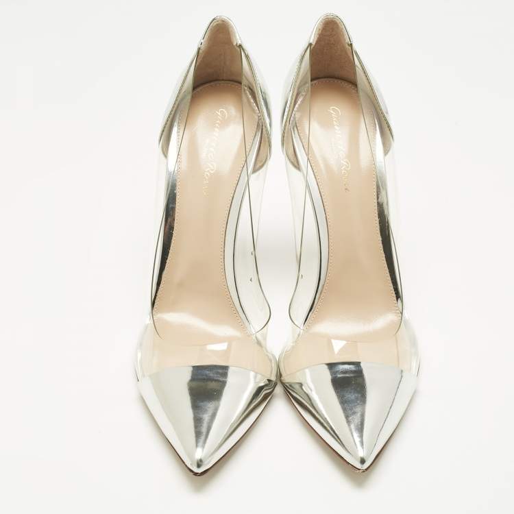 Pre Owned Gianvito Rossi Silver Patent Leather and PVC Plexi Pumps Size 41