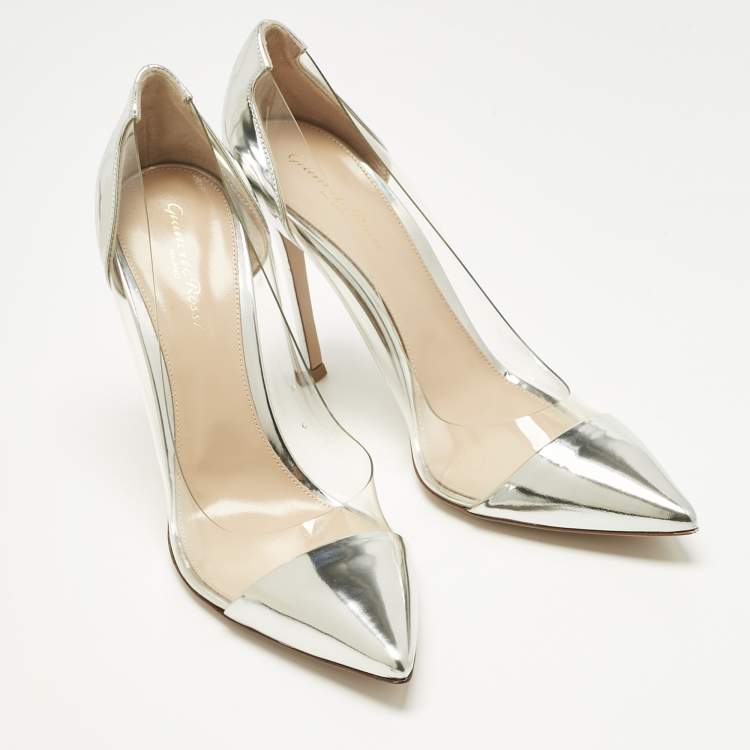 Pre Owned Gianvito Rossi Silver Patent Leather and PVC Plexi Pumps Size 41