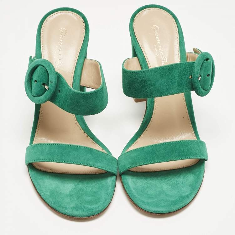Pre Owned Gianvito Rossi Green Suede Buckle Slide Sandals Size 37