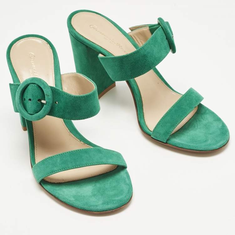 Pre Owned Gianvito Rossi Green Suede Buckle Slide Sandals Size 37