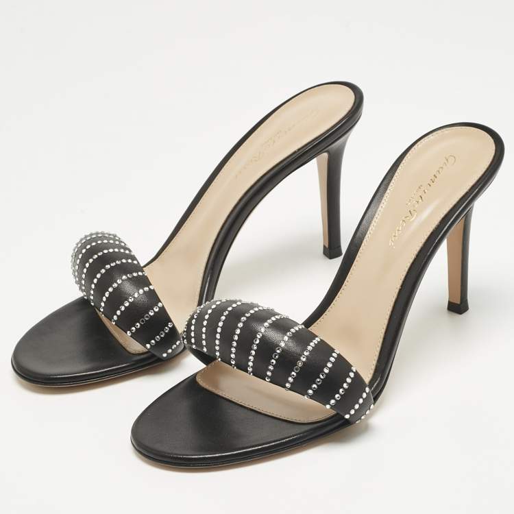 Pre Owned Gianvito Rossi Black Leather Bijoux Crystal Sandals Size 38