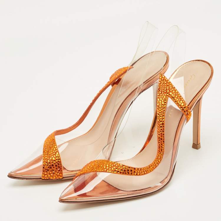 Pre Owned Gianvito Rossi Transparent/Orange PVC and Suede Hortensia Slingback Pumps Size 36.5