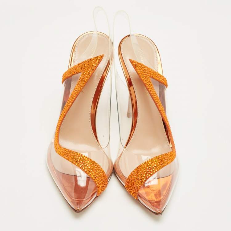 Pre Owned Gianvito Rossi Transparent/Orange PVC and Suede Hortensia Slingback Pumps Size 36.5