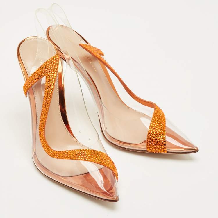 Pre Owned Gianvito Rossi Transparent/Orange PVC and Suede Hortensia Slingback Pumps Size 36.5