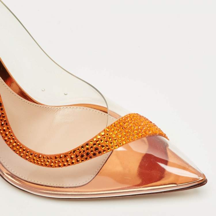 Pre Owned Gianvito Rossi Transparent/Orange PVC and Suede Hortensia Slingback Pumps Size 36.5