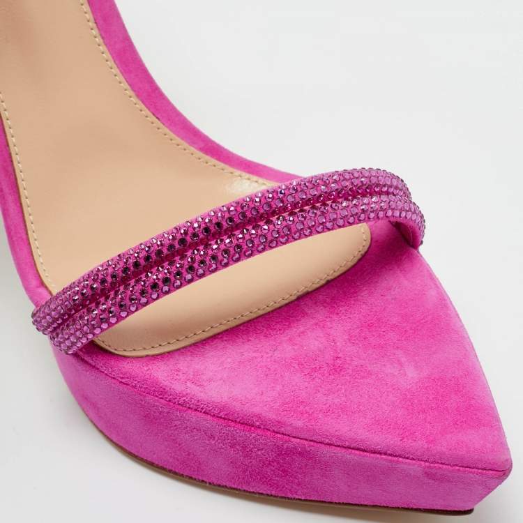 Pre Owned Gianvito Rossi Fuchsia Suede Crystal Embellished Cannes Sandals Size 38