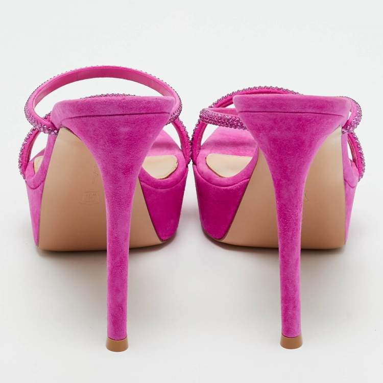 Pre Owned Gianvito Rossi Fuchsia Suede Crystal Embellished Cannes Sandals Size 38