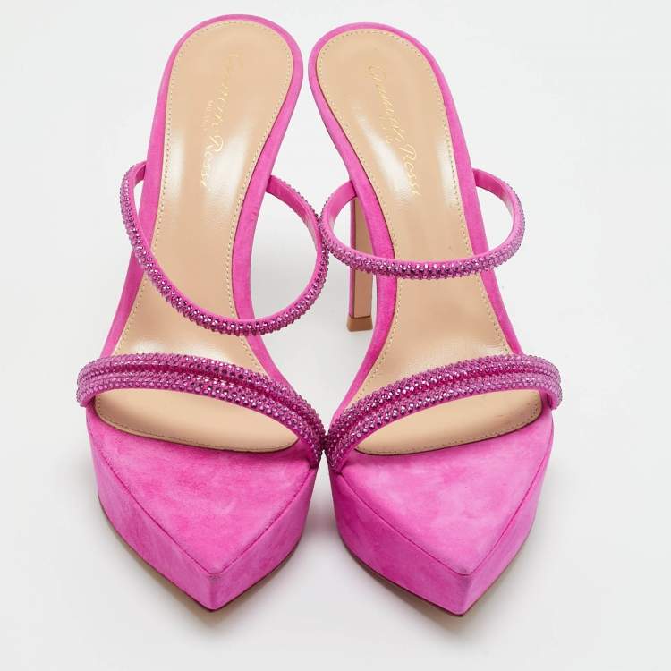 Pre Owned Gianvito Rossi Fuchsia Suede Crystal Embellished Cannes Sandals Size 38