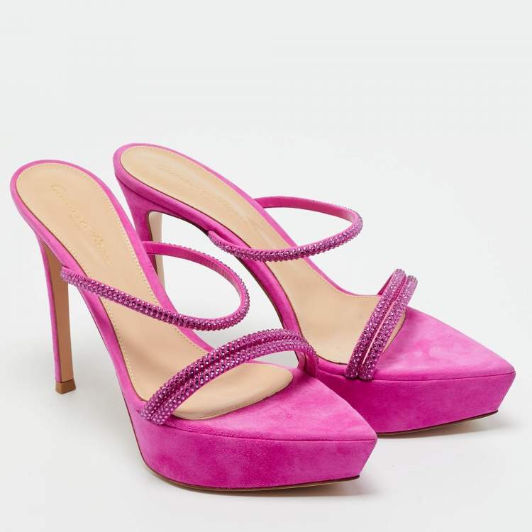 Pre Owned Gianvito Rossi Fuchsia Suede Crystal Embellished Cannes Sandals Size 38