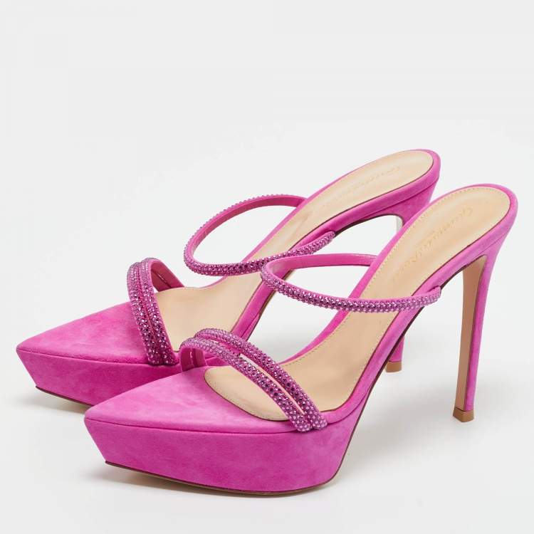 Pre Owned Gianvito Rossi Fuchsia Suede Crystal Embellished Cannes Sandals Size 38