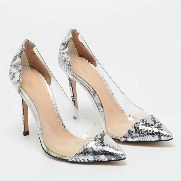 Pre Owned Gianvito Rossi Silver Snake Embossed Leather and PVC Plexi Pumps Size 37