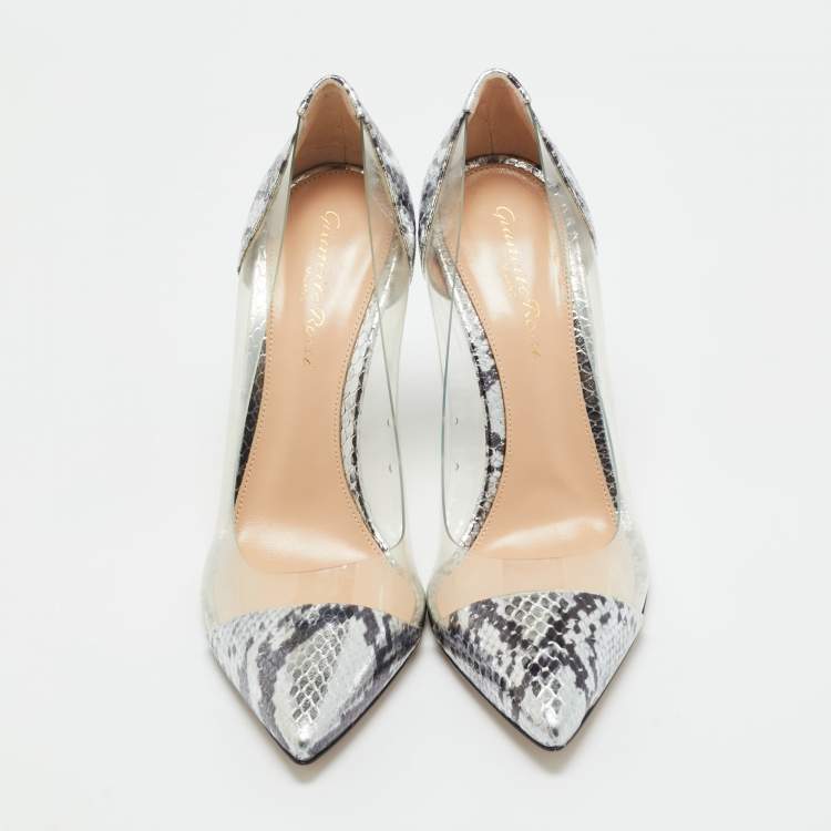 Pre Owned Gianvito Rossi Silver Snake Embossed Leather and PVC Plexi Pumps Size 37