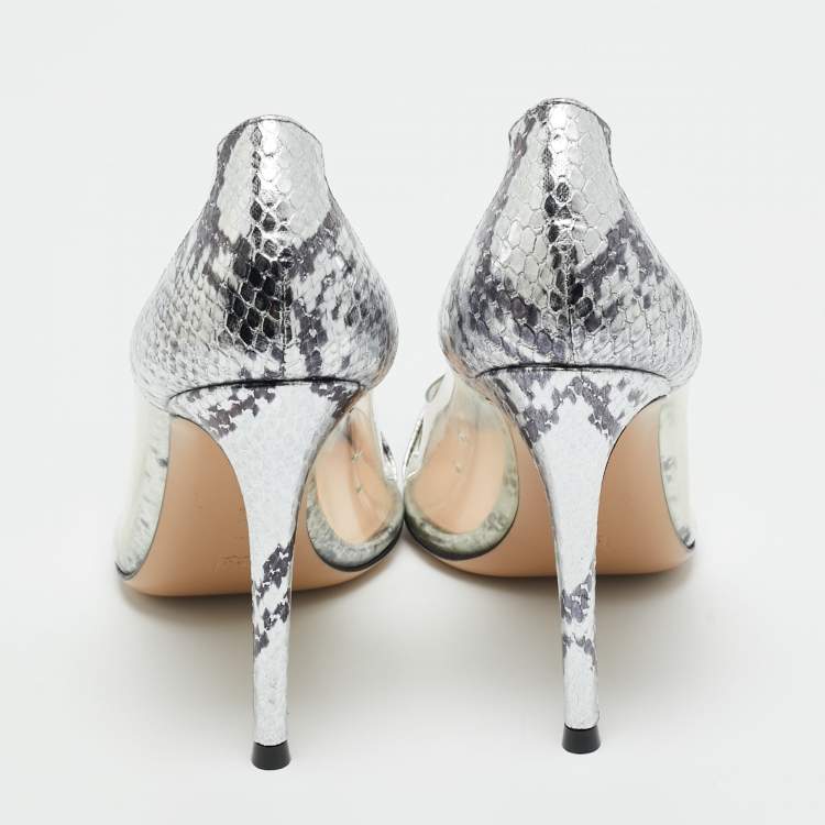 Pre Owned Gianvito Rossi Silver Snake Embossed Leather and PVC Plexi Pumps Size 37