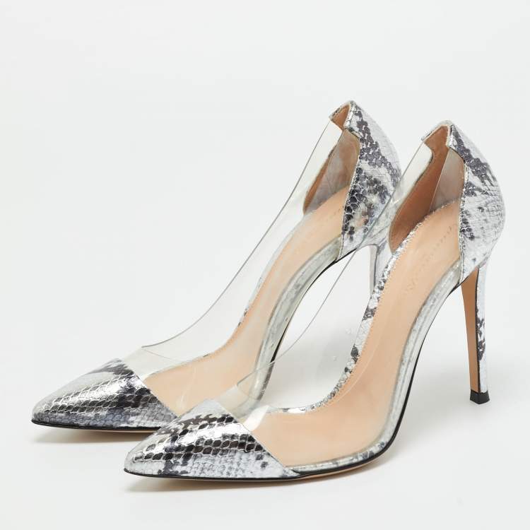 Pre Owned Gianvito Rossi Silver Snake Embossed Leather and PVC Plexi Pumps Size 37