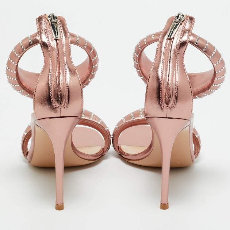 Pre Owned Gianvito Rossi Rose Gold Leather Crystal Embellished Bijoux Sandals Size 38.5