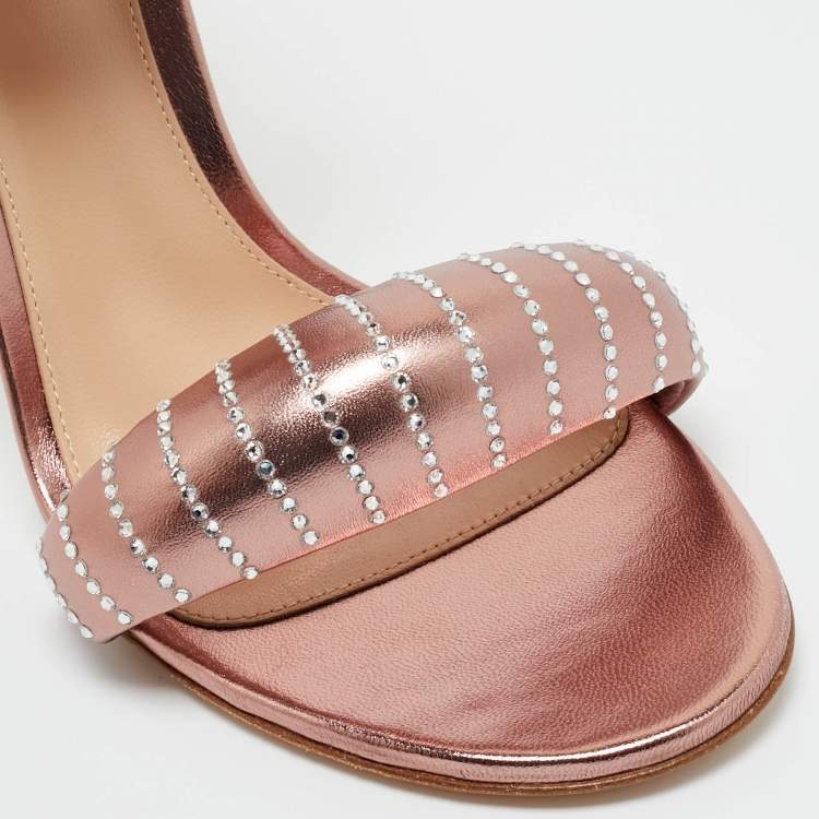 Pre Owned Gianvito Rossi Rose Gold Leather Crystal Embellished Bijoux Sandals Size 38.5