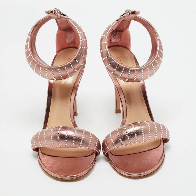 Pre Owned Gianvito Rossi Rose Gold Leather Crystal Embellished Bijoux Sandals Size 38.5