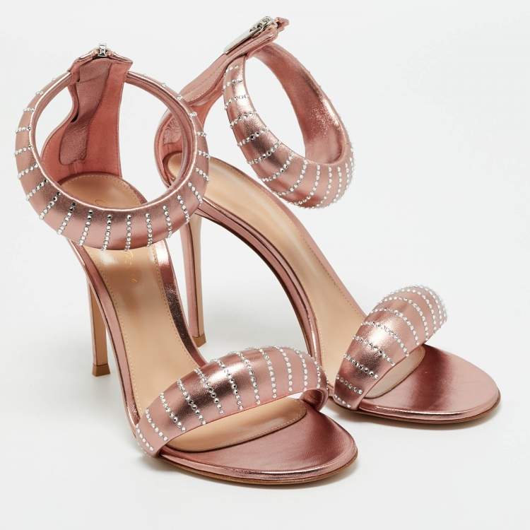 Pre Owned Gianvito Rossi Rose Gold Leather Crystal Embellished Bijoux Sandals Size 38.5