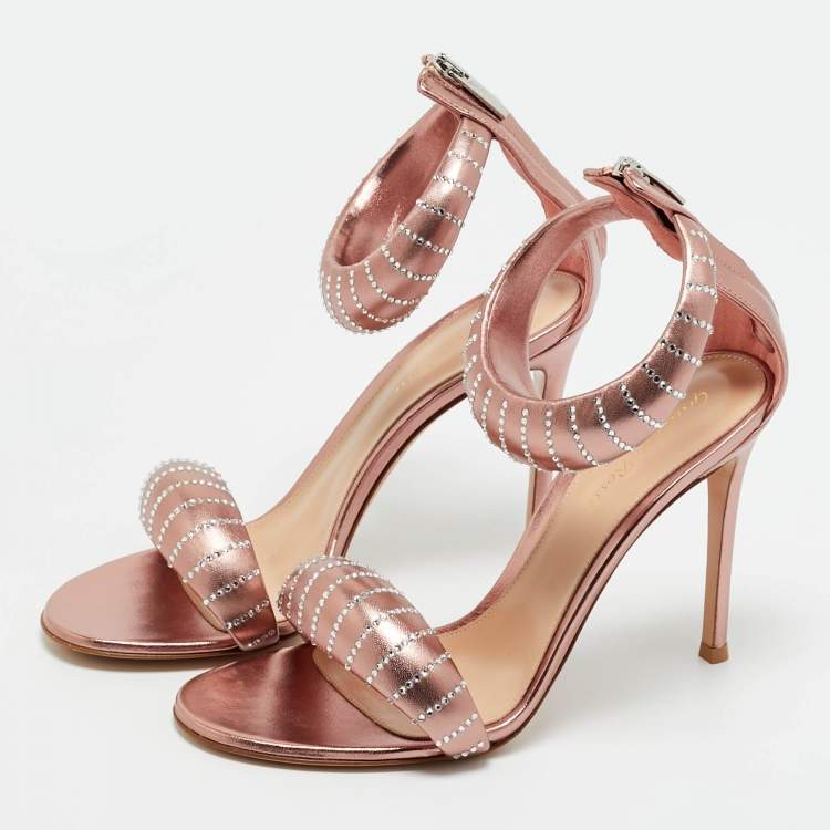 Pre Owned Gianvito Rossi Rose Gold Leather Crystal Embellished Bijoux Sandals Size 38.5