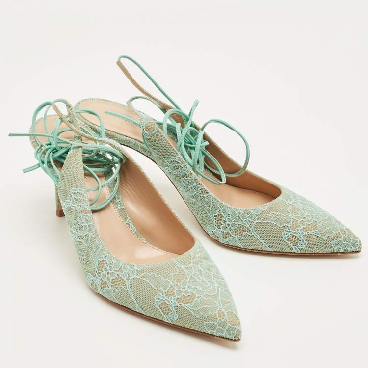 Pre Owned Gianvito Rossi Light Green Lace Irene Ankle Tie Pumps Size 39