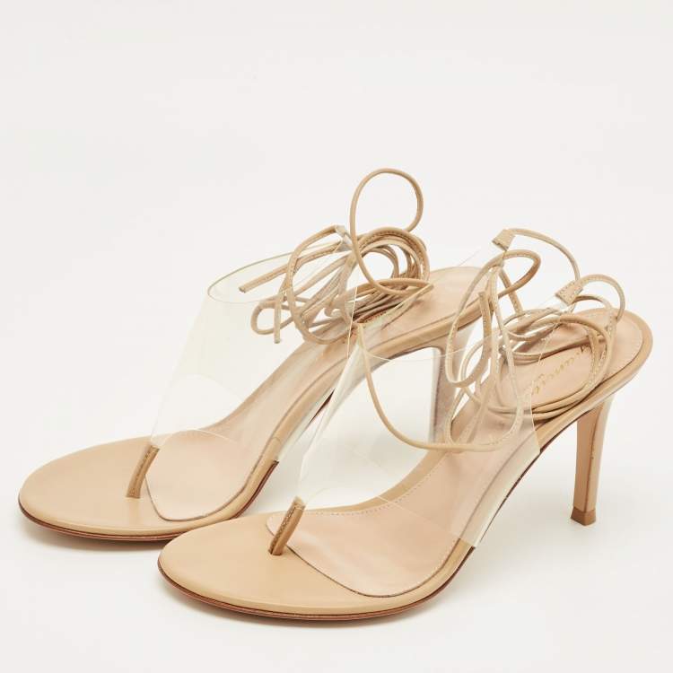 Pre Owned Gianvito Rossi Beige Leather and PVC Plexi Thong Wrap Sandals Size 35