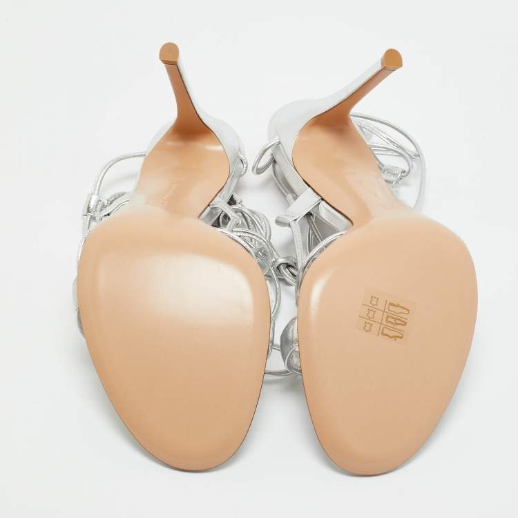 Pre Owned Gianvito Rossi Silver Leather Giza Ankle Wrap Sandals Size 40.5