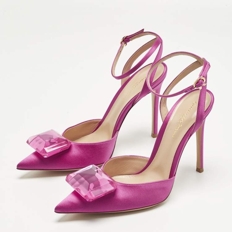 Pre Owned Gianvito Rossi Fuchsia Satin Jaipur Ankle Strap Pumps Size 39.5
