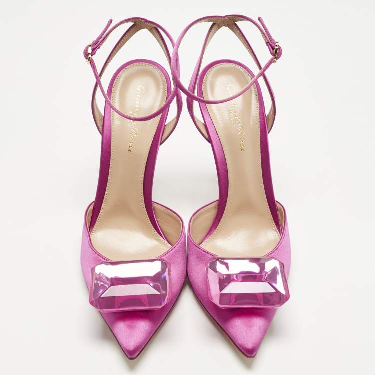 Pre Owned Gianvito Rossi Fuchsia Satin Jaipur Ankle Strap Pumps Size 39.5