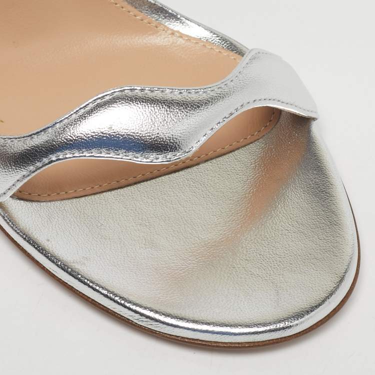 Pre Owned Gianvito Rossi Silver Leather Wavy Ankle Tie Sandals Size 37.5