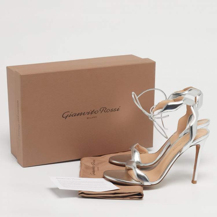 Pre Owned Gianvito Rossi Silver Leather Wavy Ankle Tie Sandals Size 37.5