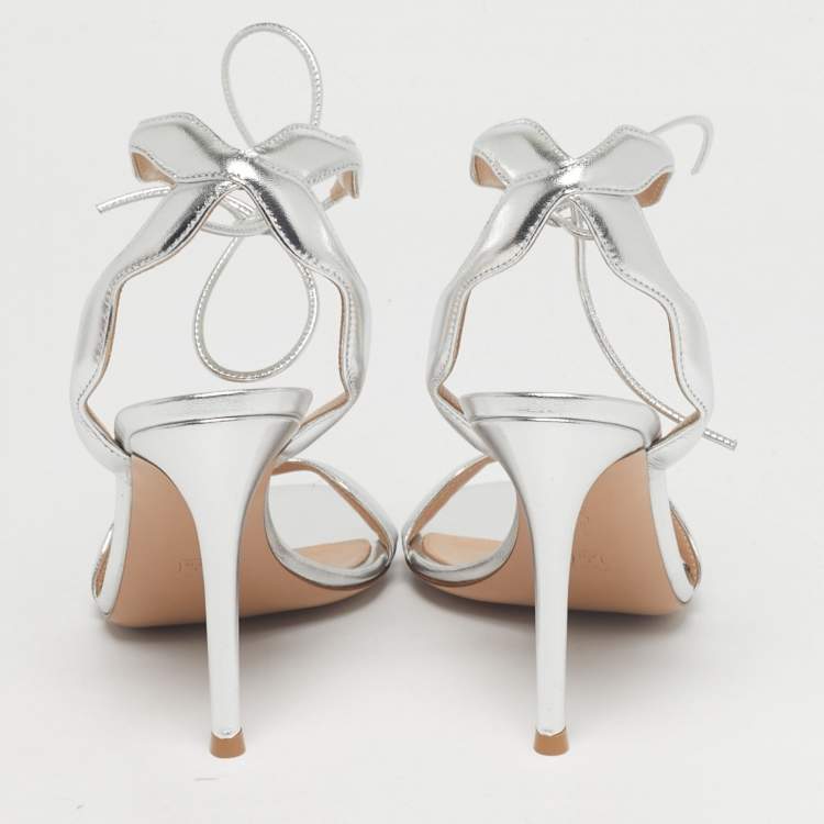 Pre Owned Gianvito Rossi Silver Leather Wavy Ankle Tie Sandals Size 37.5