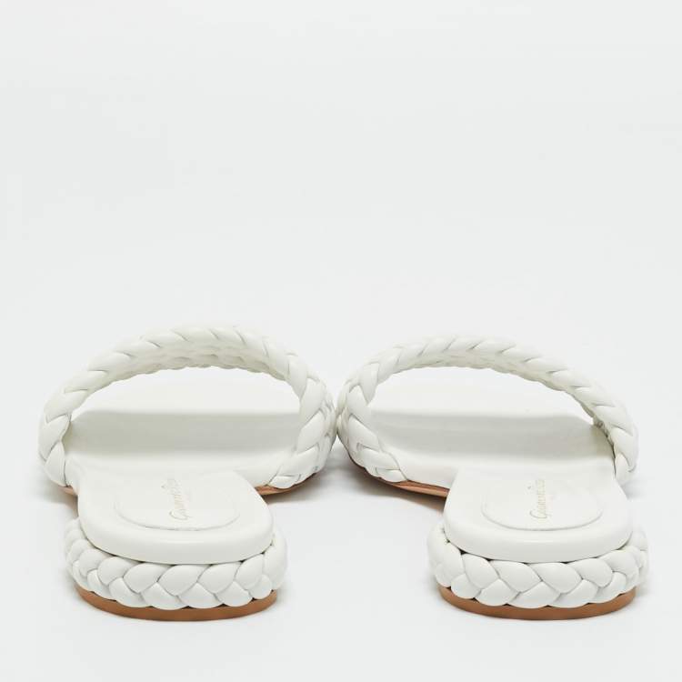 Pre Owned Gianvito Rossi White Braided Leather Flat Slides Size 38.5