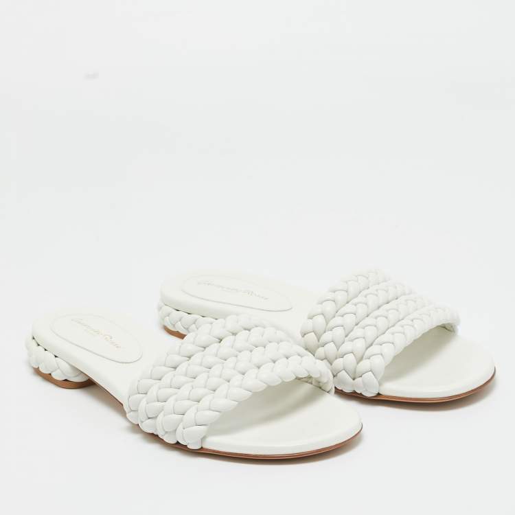 Pre Owned Gianvito Rossi White Braided Leather Flat Slides Size 38.5