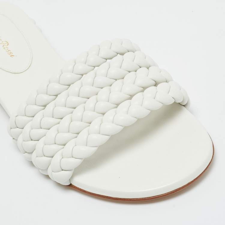 Pre Owned Gianvito Rossi White Braided Leather Flat Slides Size 38.5